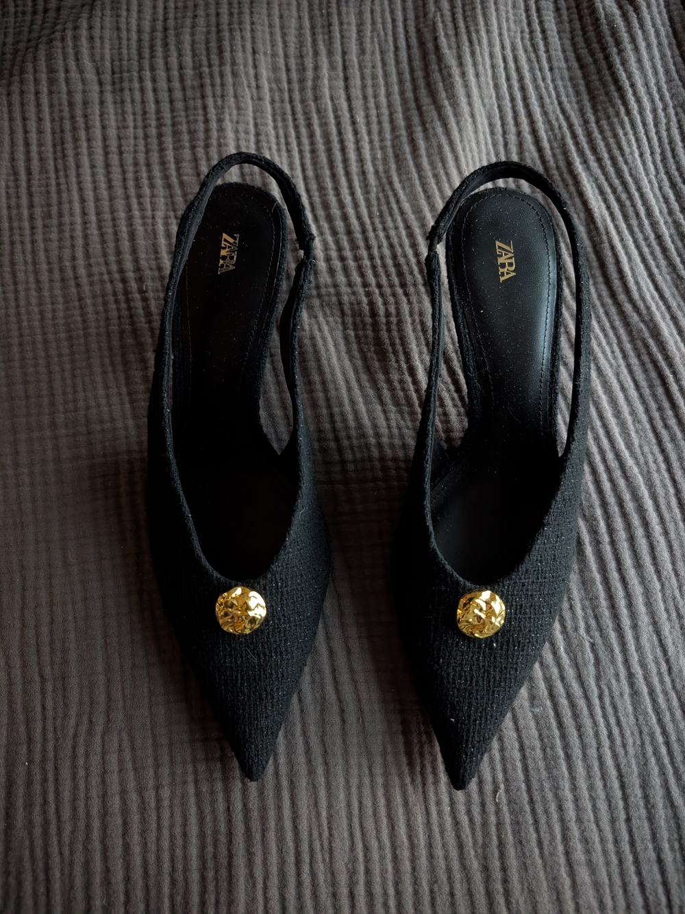 Zara Black Pointed Slingback Heels with Gold Accent